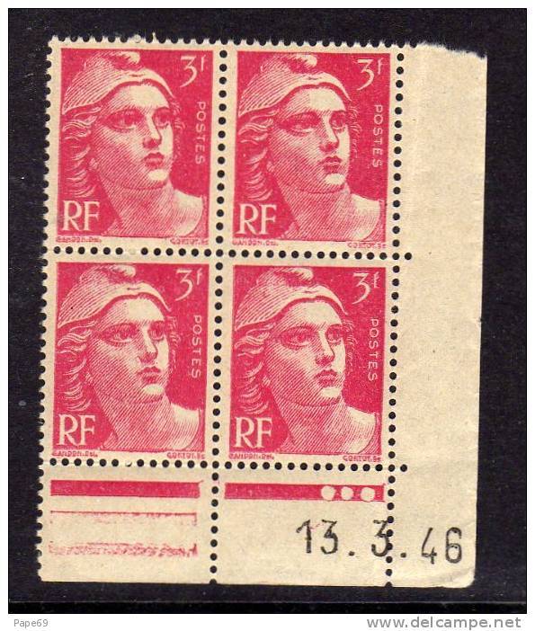 France N° 716  XX  Marianne De Gandon 3 F. Rose En Bloc De 4 Coin Daté Du  13 . 3 . 46 , 3 Pts Blancs, Sans Ch. TB - 1940-1949