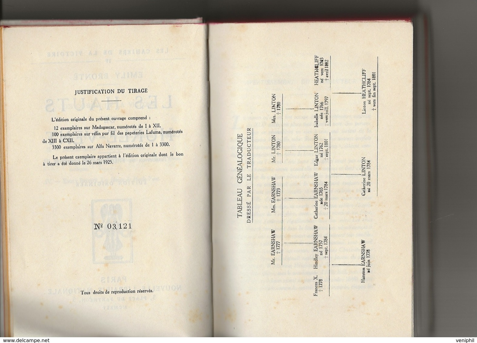 LES HAUTS DE HURLE-VENT -EMILY BRONTE - EDITION ORIGINALE-1925-NLLE LIBRAIRIE NATIONALE- N°3121 SUR 3300 - Auteurs Classiques