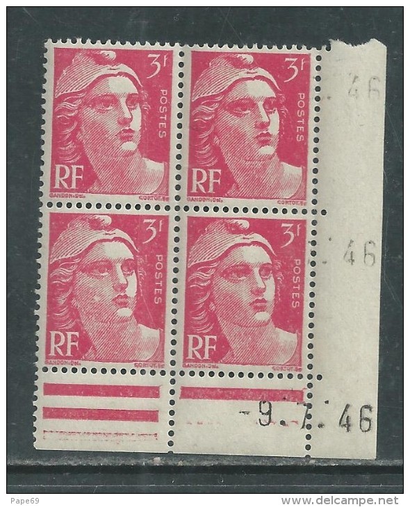 France N° 716 XX Marianne De Gandon  3 F. Rose En Bloc De 4 Coin Daté Du  9 . 7 . 46 , Sans Point Blanc Sans Ch., TB - 1940-1949