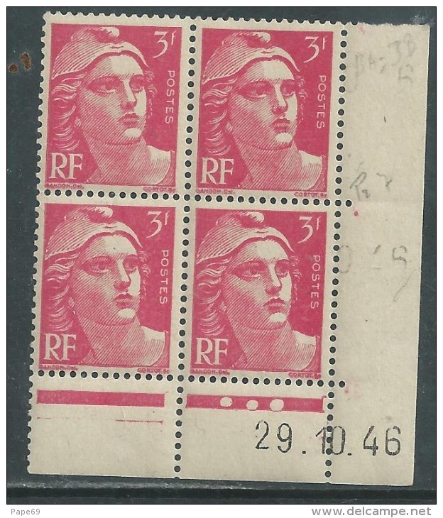 France N° 716 XX Marianne De Gandon  3 F. Rose En Bloc De 4 Coin Daté Du 29 . 10 . 46 , 3 Points Blancs Sans Ch., TB - 1940-1949