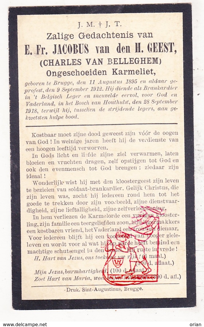 DP Gesneuveld WO I Oorlog 14-18 EH Ch. Van Belleghem / De Meynynck - Brancardier ° Brugge 1895 † Merkem Bos V Houthulst - Andachtsbilder