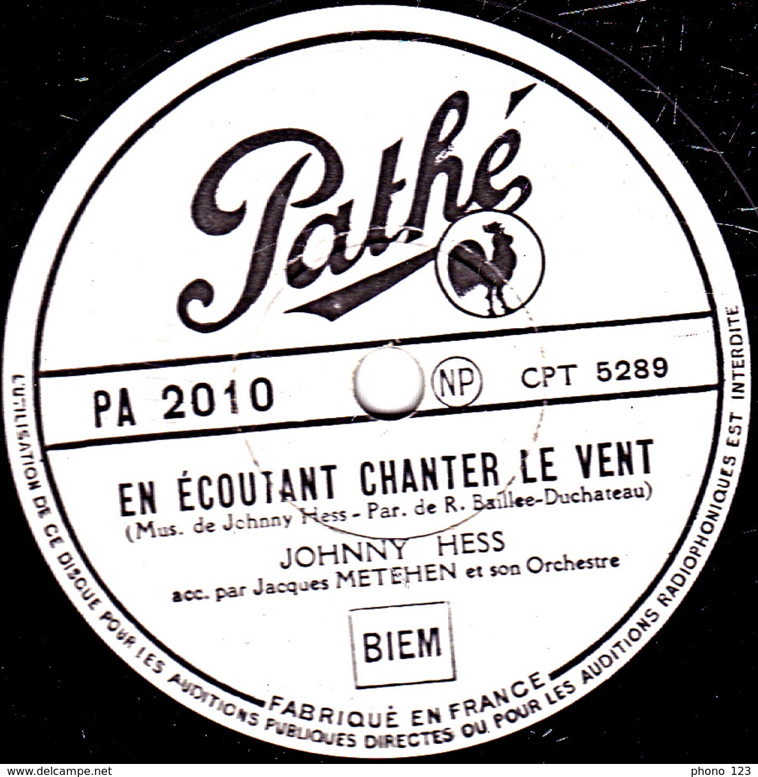 78 Trs  25 Cm - Etat EX - JOHNNY HESS - RYTME - EN ECOUTANT CHANTER LE VENT - 78 Rpm - Schellackplatten