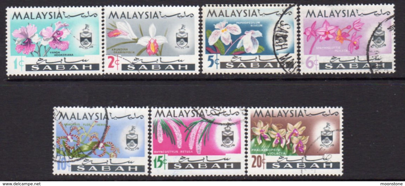 Malaysia Sabah 1965 Orchids Definitives Set Of 7, Used, SG 424/30 - Malasia (1964-...)