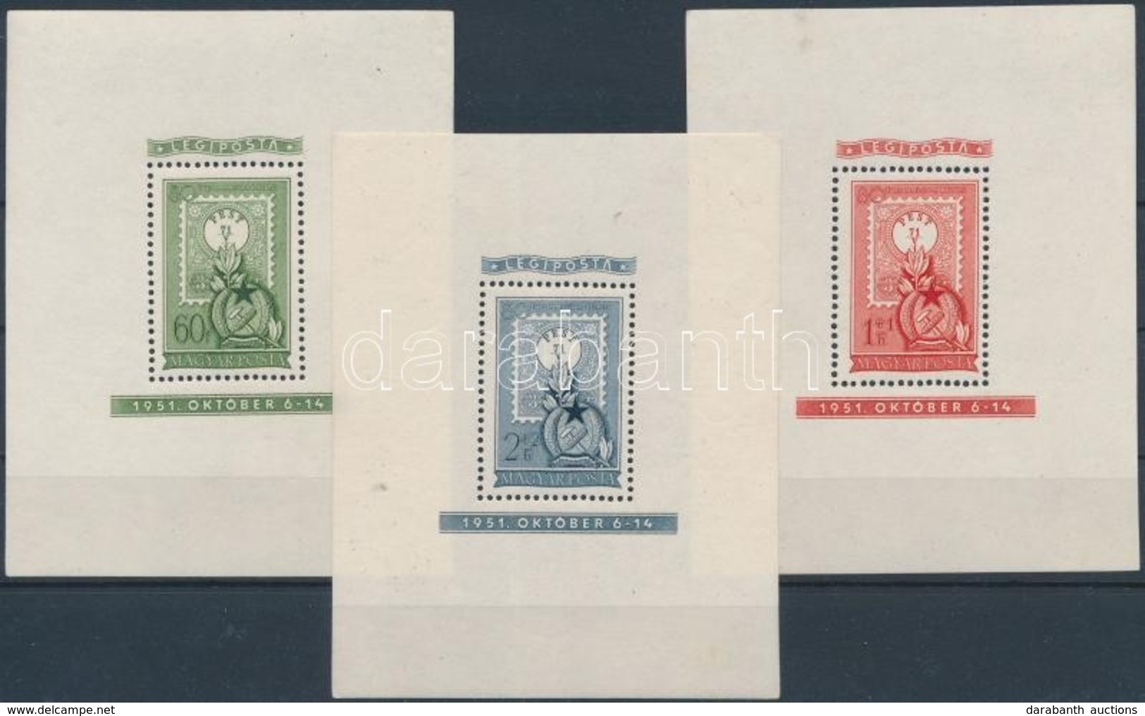 ** 1951 80 éves A Magyar Bélyeg Blokk Sor  (45.000) ( 60f Betapadás Nyomok / Gum Diturbance, 1Ft Elvékonyodás / Thin Pap - Other & Unclassified