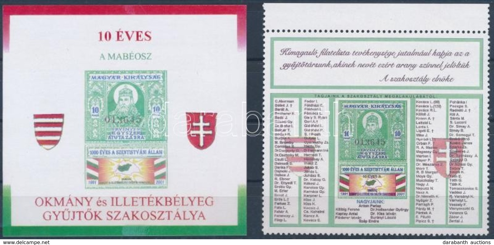 ** 2001/46 10 éves Az Okmány- és Illetékbélyeg Szakosztály Emlékív Pár, Sorszám Nélkül, Hátoldalon A Tervező Aláírásával - Autres & Non Classés