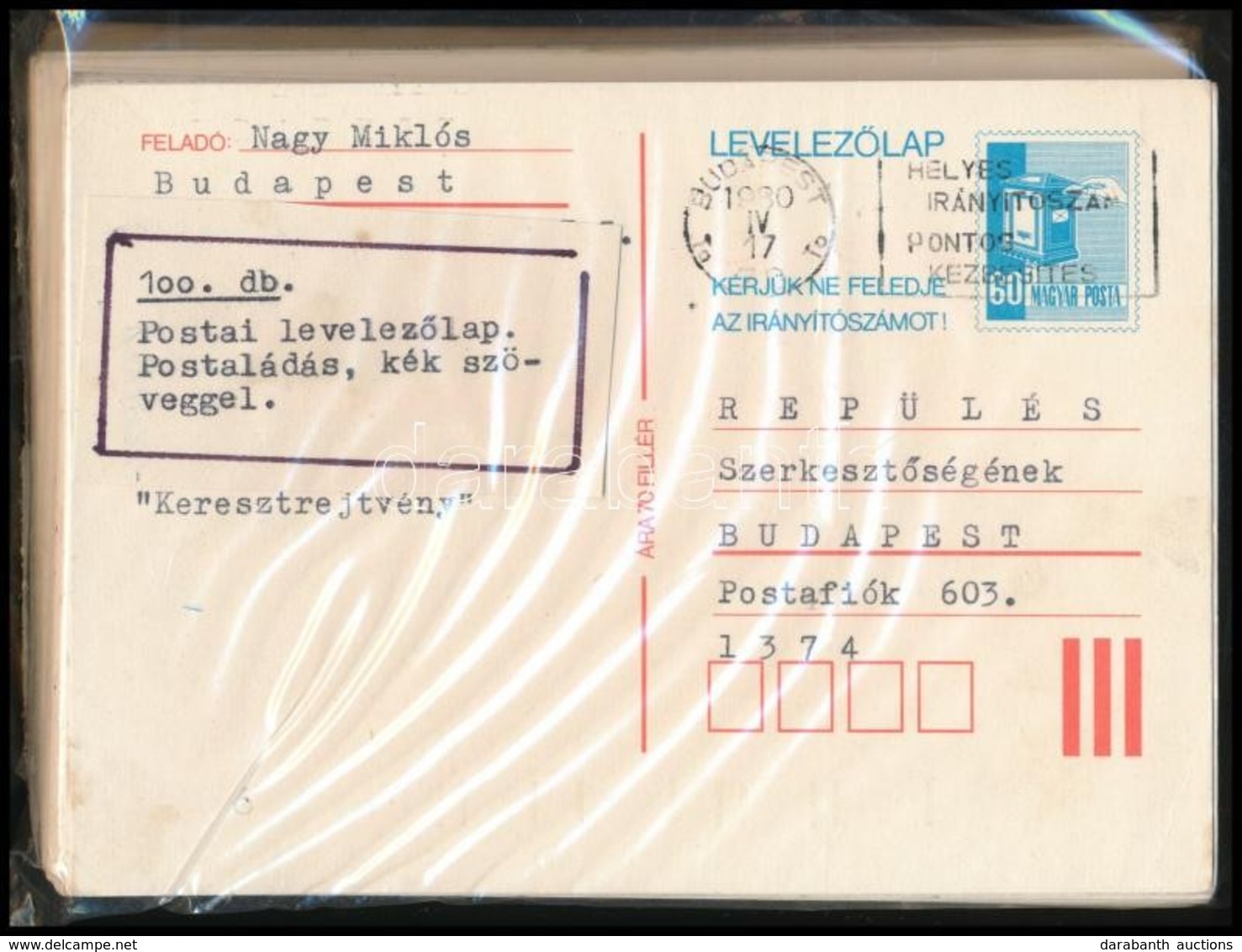 100 Db 60f 'postaládás' Futott Levelezőlap Kék Szöveggel (30 éve érintetlen Anyag) - Used Stamps