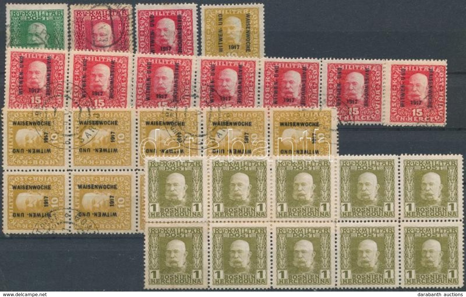 ** * O 1917 Kis Bosznia összeállítás összefüggésekkel, Benne 10-es Tömbök és 10-es Csíkok Stecklapon - Used Stamps