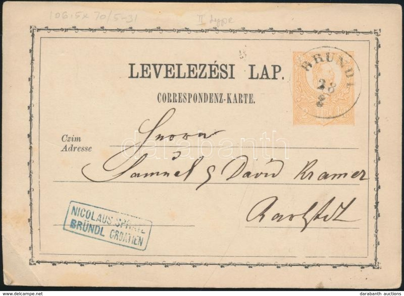 1871 2kr Díjjegyes Levelezőlap 'BRÜNDL' - Autres & Non Classés