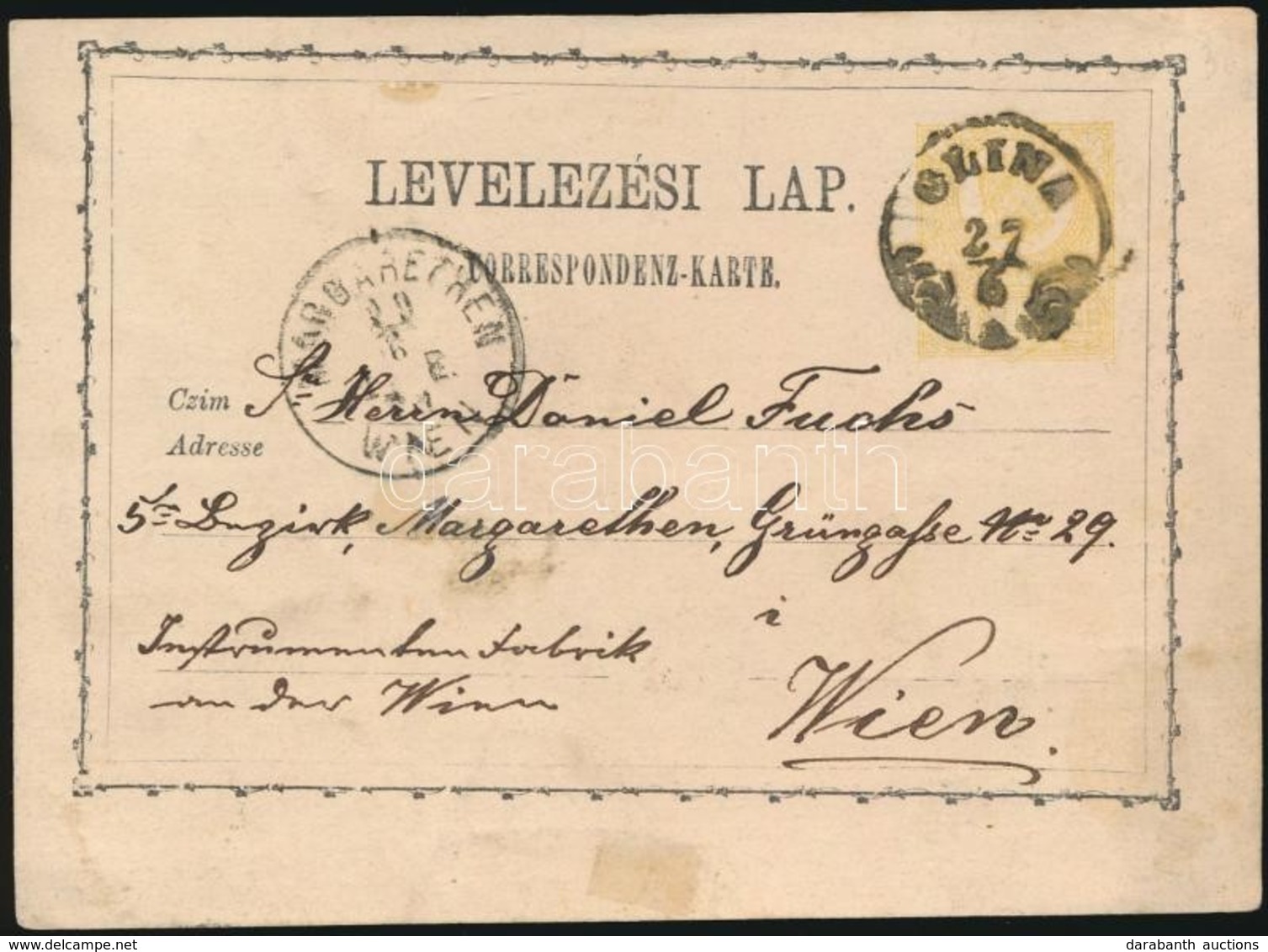 1871 Díjjegyes Levelezőlap/ PS-card 'GLINA' - 'MARGARETHEN WIEN' - Autres & Non Classés