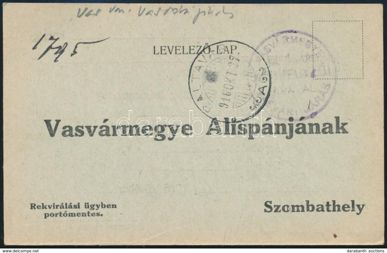 1916 Levelezőlap Rekvirálási ügyben 'BALTAVÁR' - Other & Unclassified