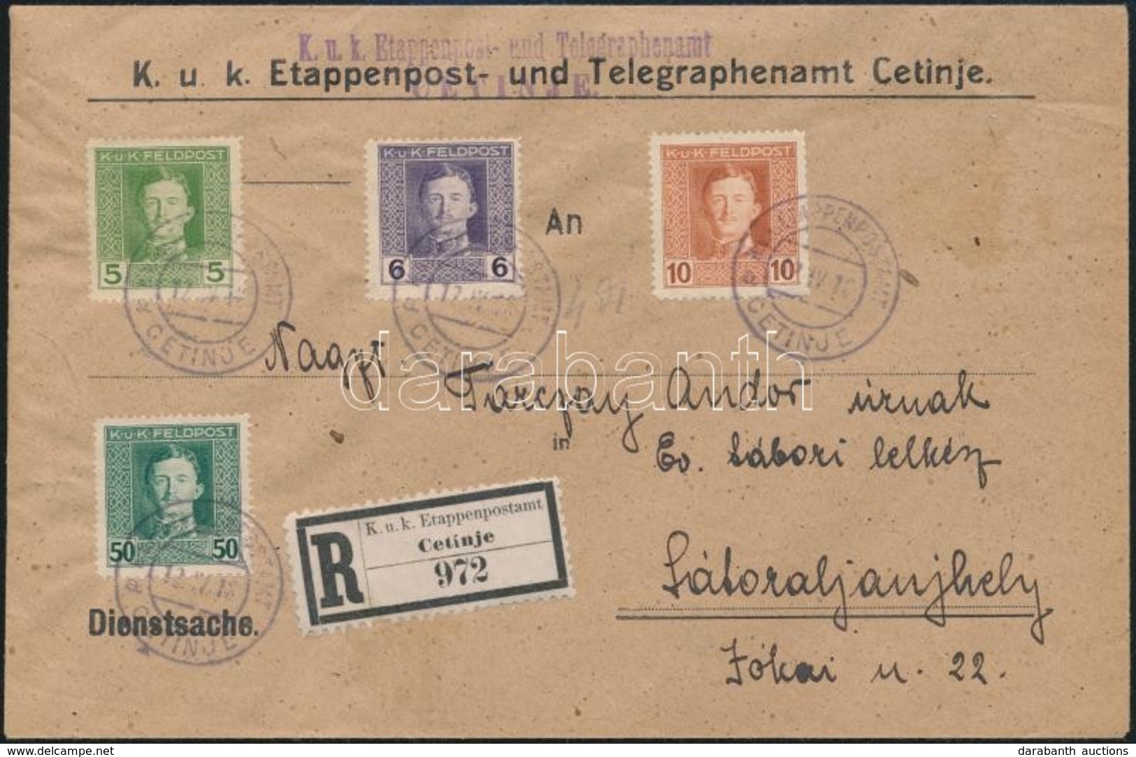 1918 Ajánlott Levél / Registered Cover 'K.u.k. Etappenpost- Und Telegraphenamt CETINJE' + 'EP CETINJE A' - 'SÁTORALJAÚJH - Other & Unclassified