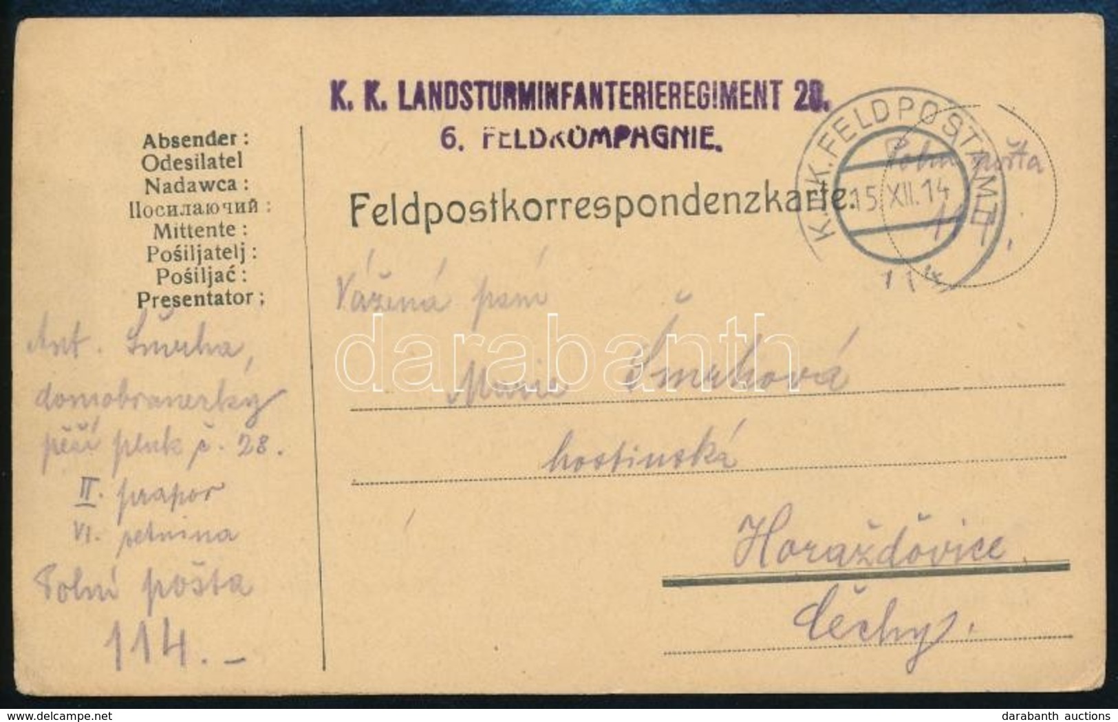 1914 Tábori Posta Levelezőlap 'K.K. LANDSTURMINFANTERIEREGIMENT 28. 6. FELDKOMPAGNIE' + 'FP 114' - Otros & Sin Clasificación