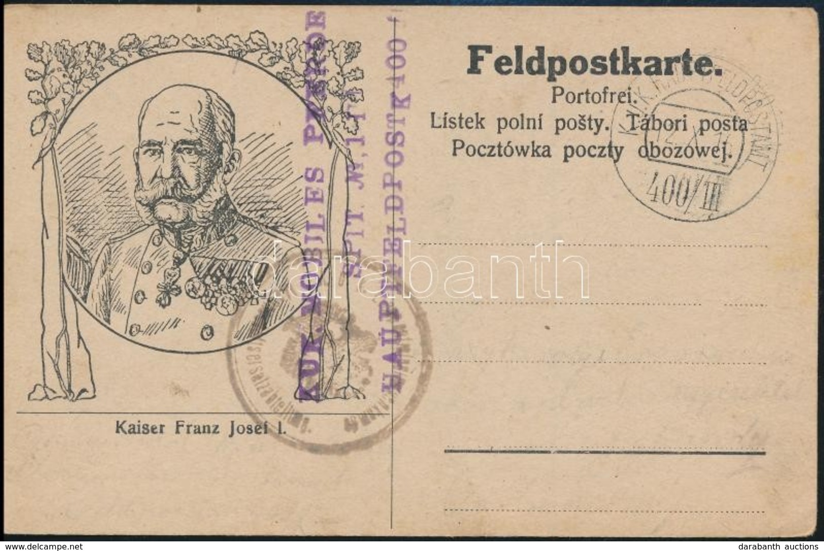 1916 Tábori Posta Levelezőlap / Field Postcard 'KUK MOBILES PFERDE SPIT No.1 HAUPTFELDPOSTK 400' + 'HP 400/III' - Other & Unclassified
