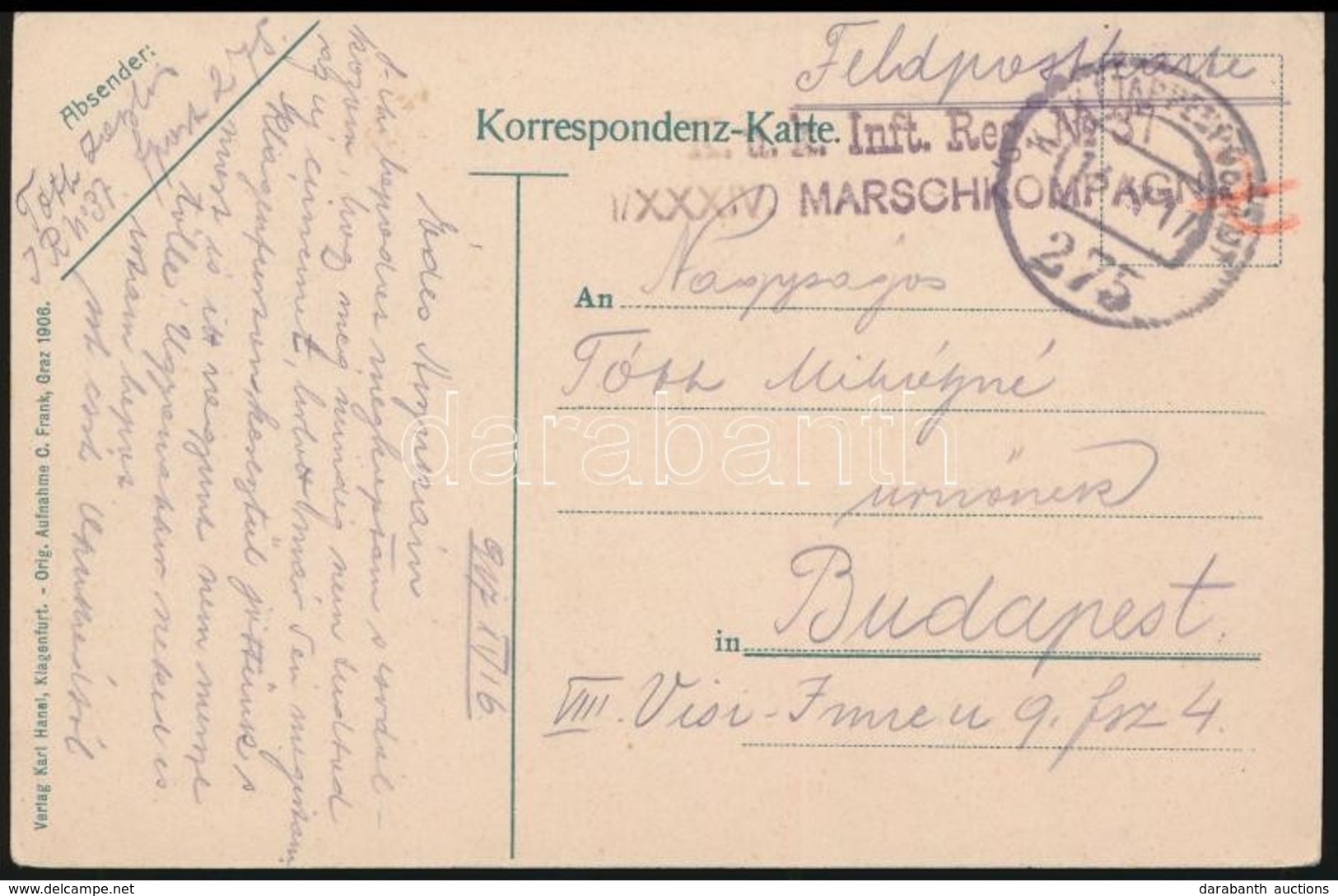 1917 Tábori Posta Képeslap 'K.u.k. Inft. Reg. No.37. I/XXXIV. MARSCHKOMPAGNIE' + 'EP 275' - Autres & Non Classés