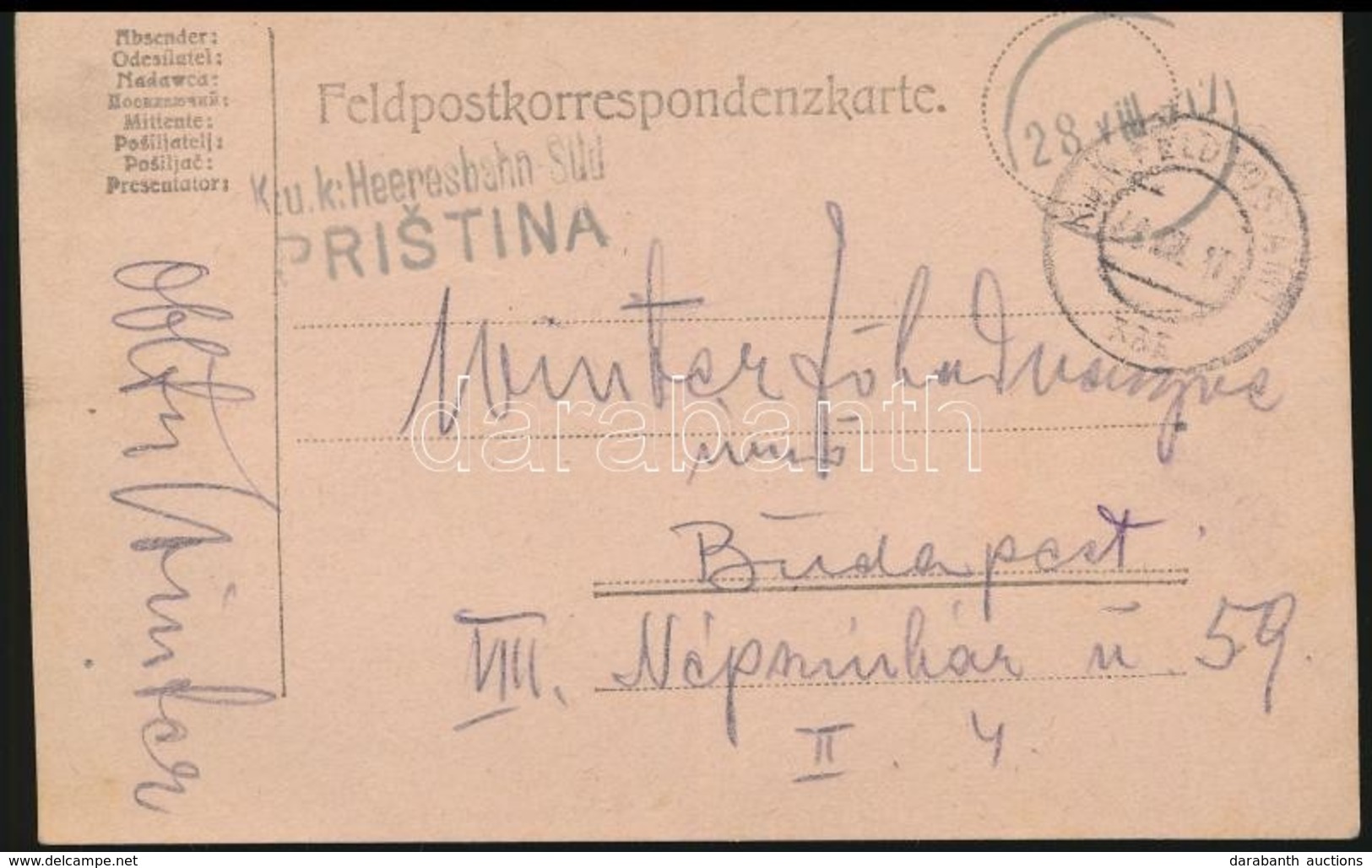 1917 Tábori Posta Levelezőlap 'K.u.k. Heeresbahn-Süd PRISTINA' - Other & Unclassified