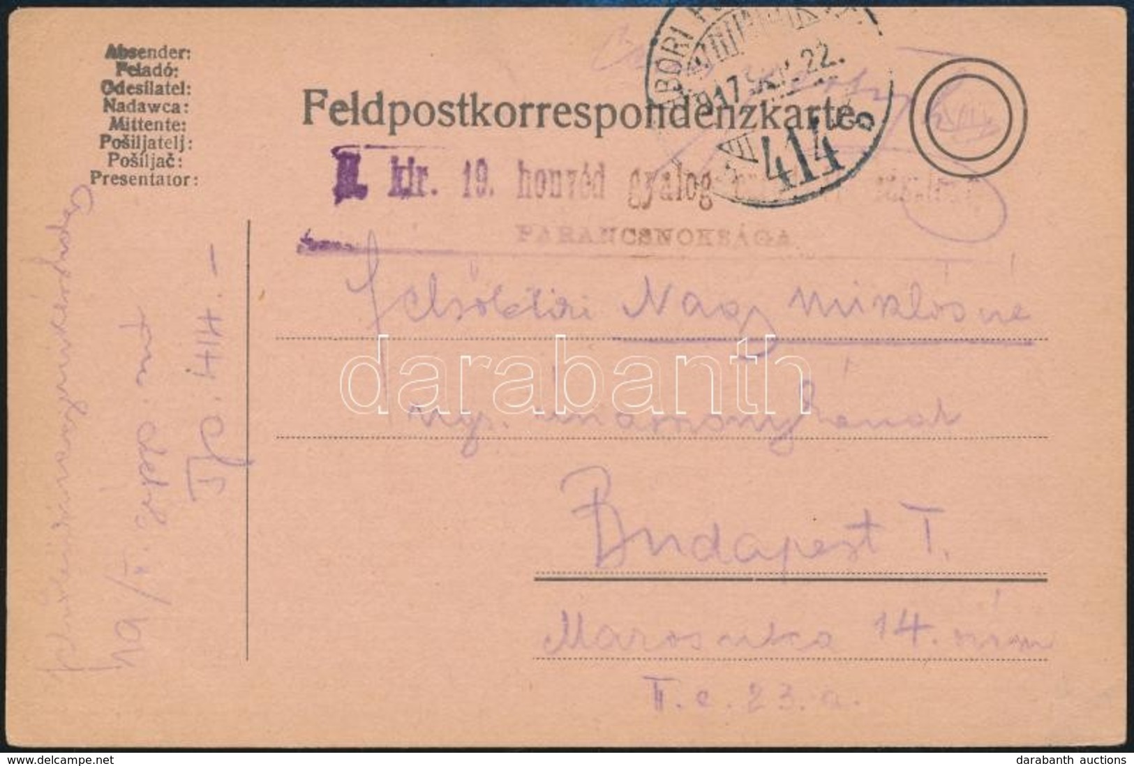 1917 Tábori Posta Levelezőlap / Field Postcard 'M.kir. 19. Honvéd Gyalog Ezred...' + 'TP 414' - Autres & Non Classés