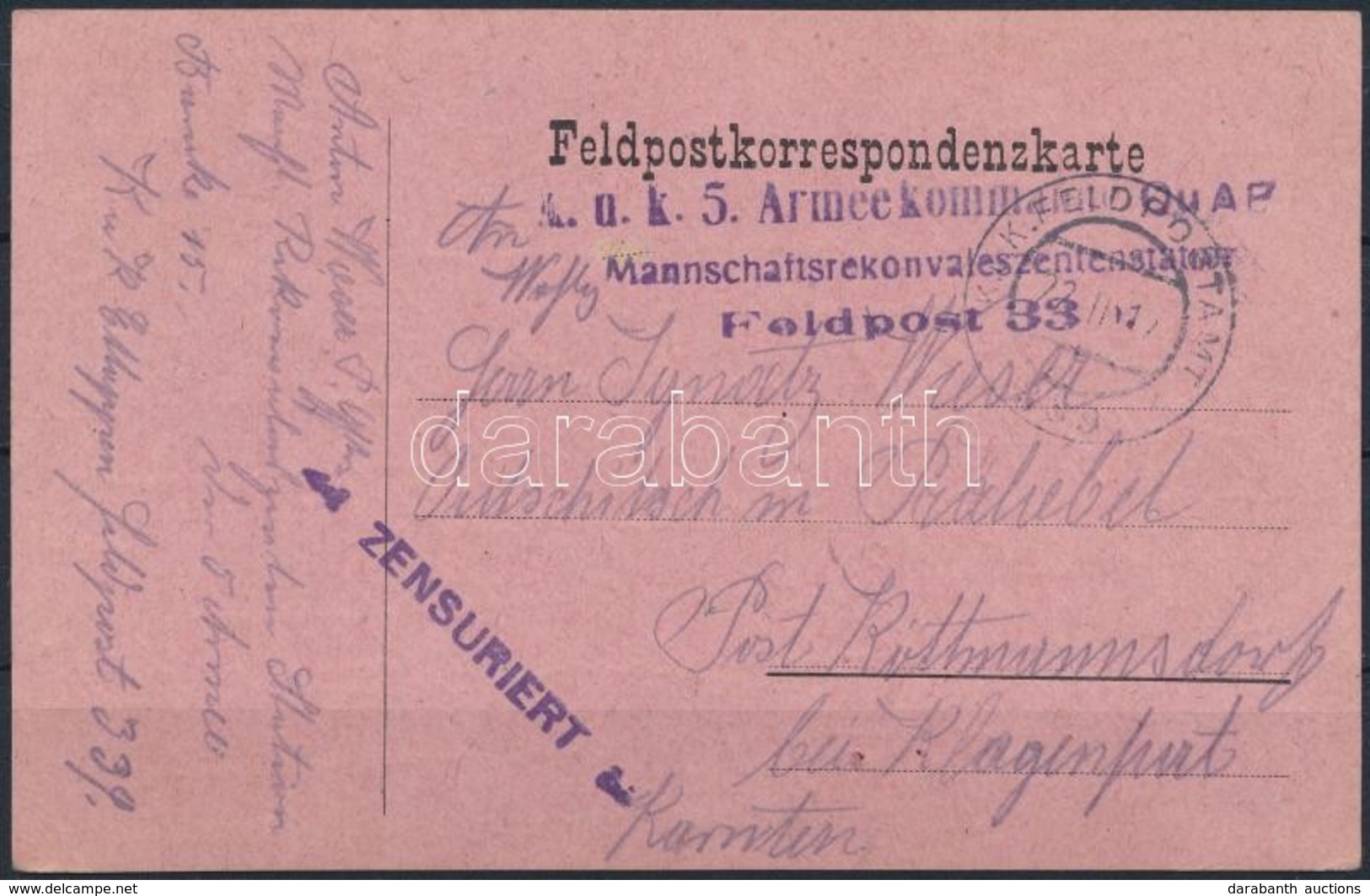 1917 Tábori Posta Levelezőlap / Field Postcard 'K.u.k. 5. Armeekommando Mannschaftsrekonvaleszentenstation' + 'FP 339' - Autres & Non Classés