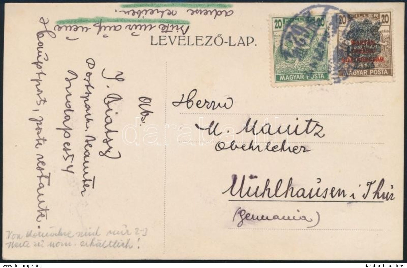 1920 Levelezőlap Németországba, Magyar Posta 20f és Búzakalász 20f Bélyegekkel Bérmentesítve - Altri & Non Classificati