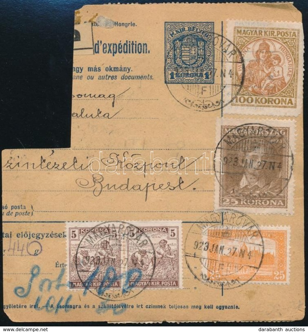 1923 (6. Díjszabás) Hiányos Csomagszállító Arató, Parlament, Madonna és Petőfi Bérmentesítéssel - Sonstige & Ohne Zuordnung