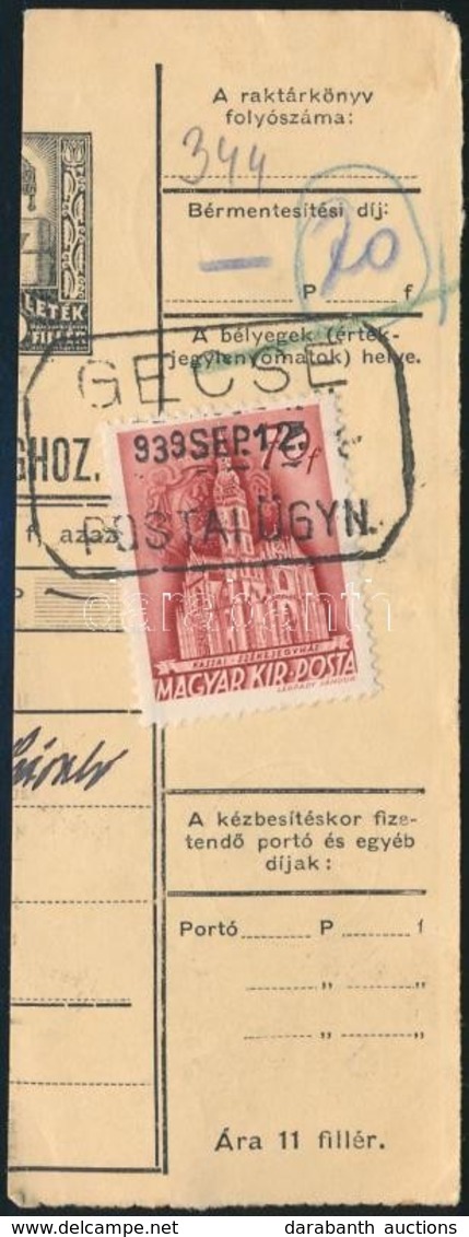 1939 GECSE Postaügynökségi Bélyegzés Csomagszállító Szelvényen - Altri & Non Classificati