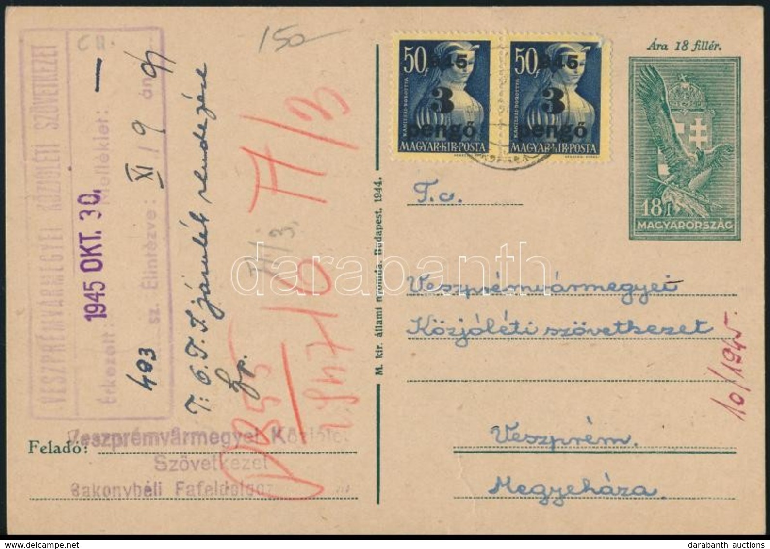 1945 (3. Díjszabás) Távolsági Levelezőlap Kisegítő 3P/50f Bérmentesítéssel - Other & Unclassified