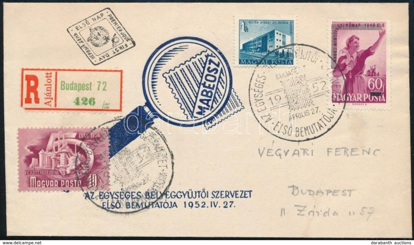 1952 MABÉOSZ Ajánlott FDC Díjkiegészítéssel (8.500) - Other & Unclassified