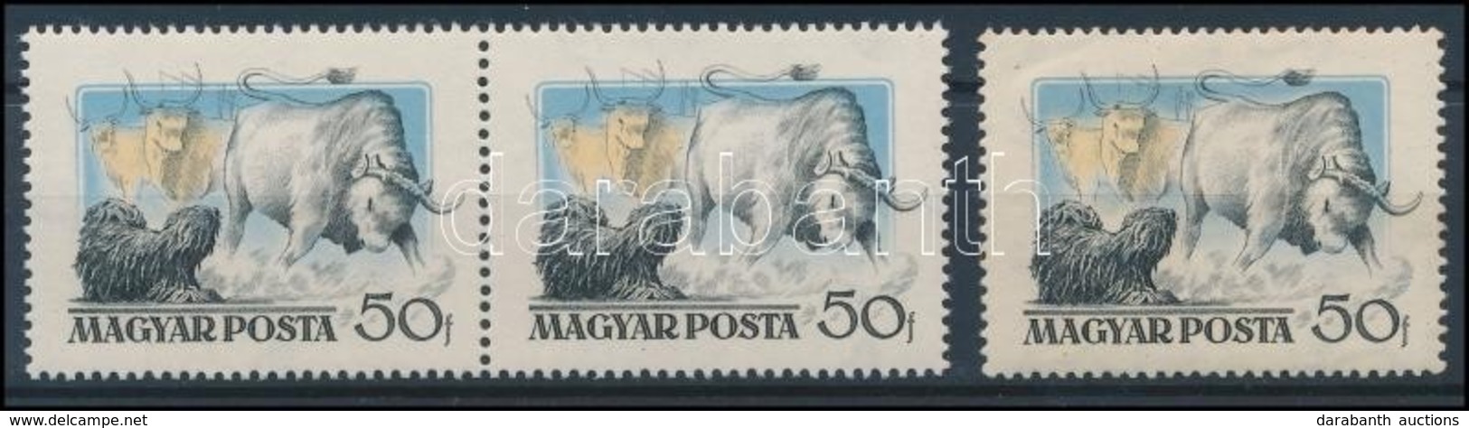 ** 1956 Magyar Kutyafajták 50f Pár, Színelcsúszás Miatt Az ökör Farka Kilóg A Keretből + Támpéldány - Other & Unclassified