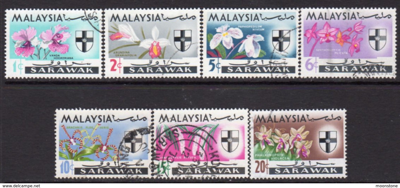 Malaysia Sarawak 1965 Orchids Definitives Set Of 7, Used, SG 212/8 - Malaysia (1964-...)