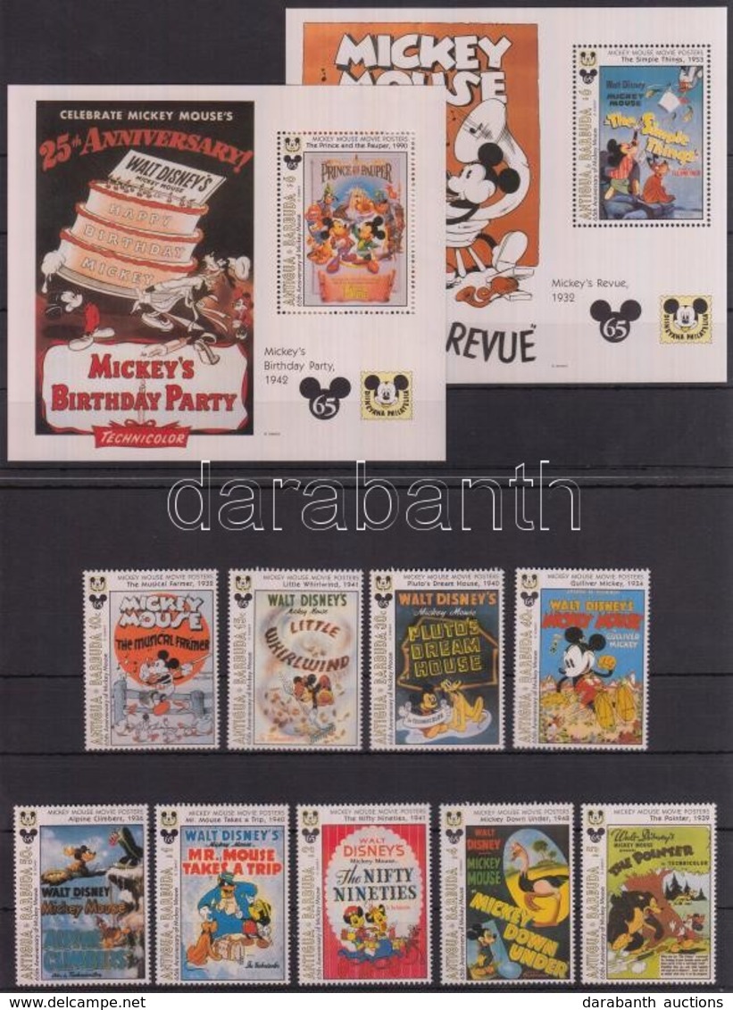 ** Antigua és Barbuda 1993 Walt Disney,  65 éves Miki Egér Sor Mi 1884-1894 + Blokk 276, 277, 2 Db Stecklapon - Altri & Non Classificati