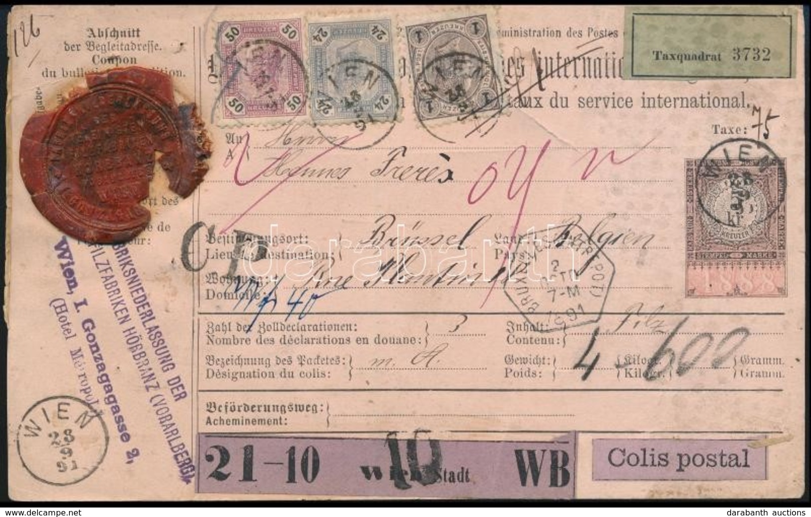 1891 Csomagszállító Brüsszelbe 75kr Bérmentesítéssel - Sonstige & Ohne Zuordnung