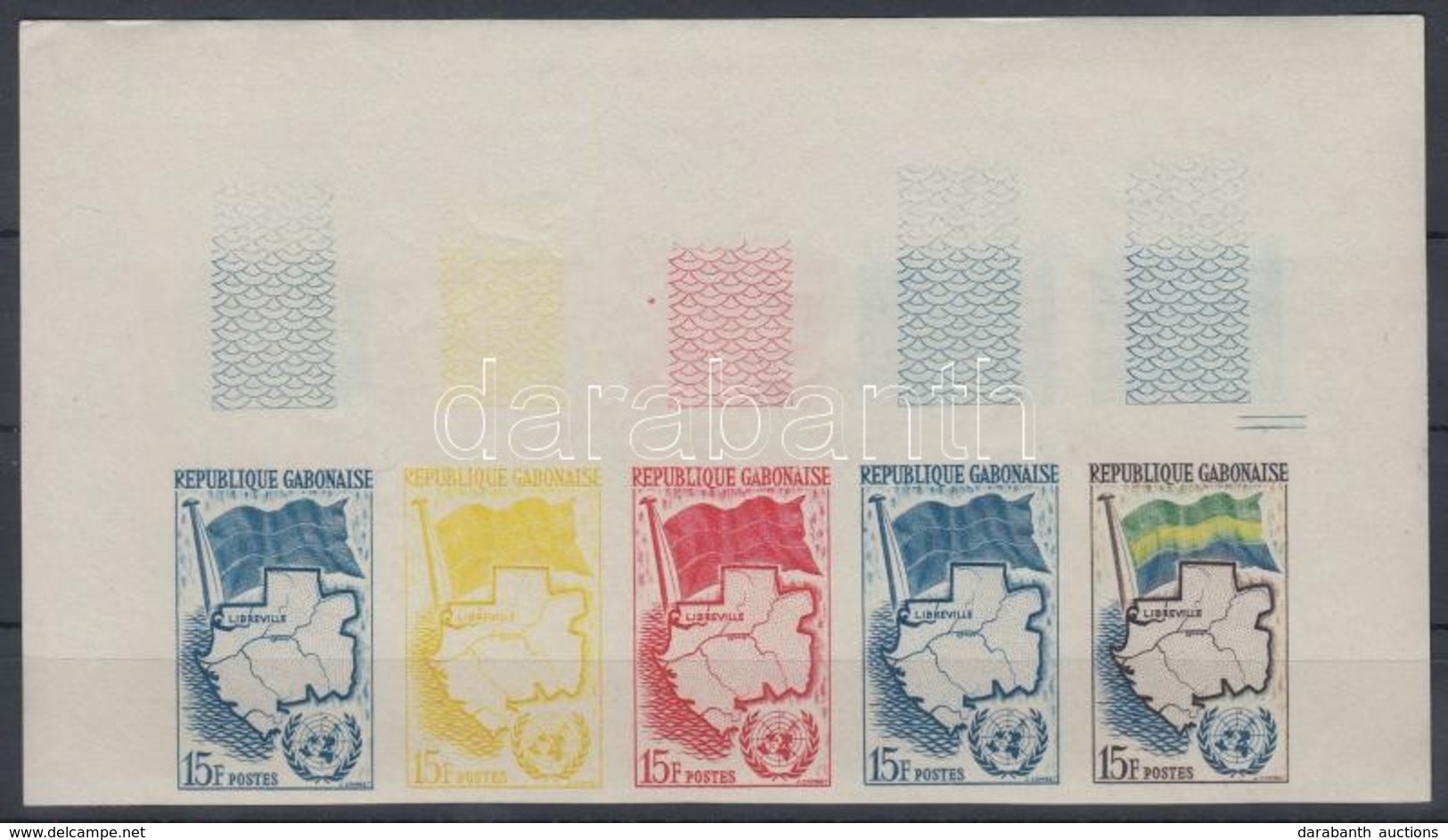 ** Gabon 1961 Csatlakozás Az ENSZ-hez Mi 157 5 Klf Fogazatlan Színpróba ötöscsíkban / Stripe Of 5 Different Imperforate  - Otros & Sin Clasificación