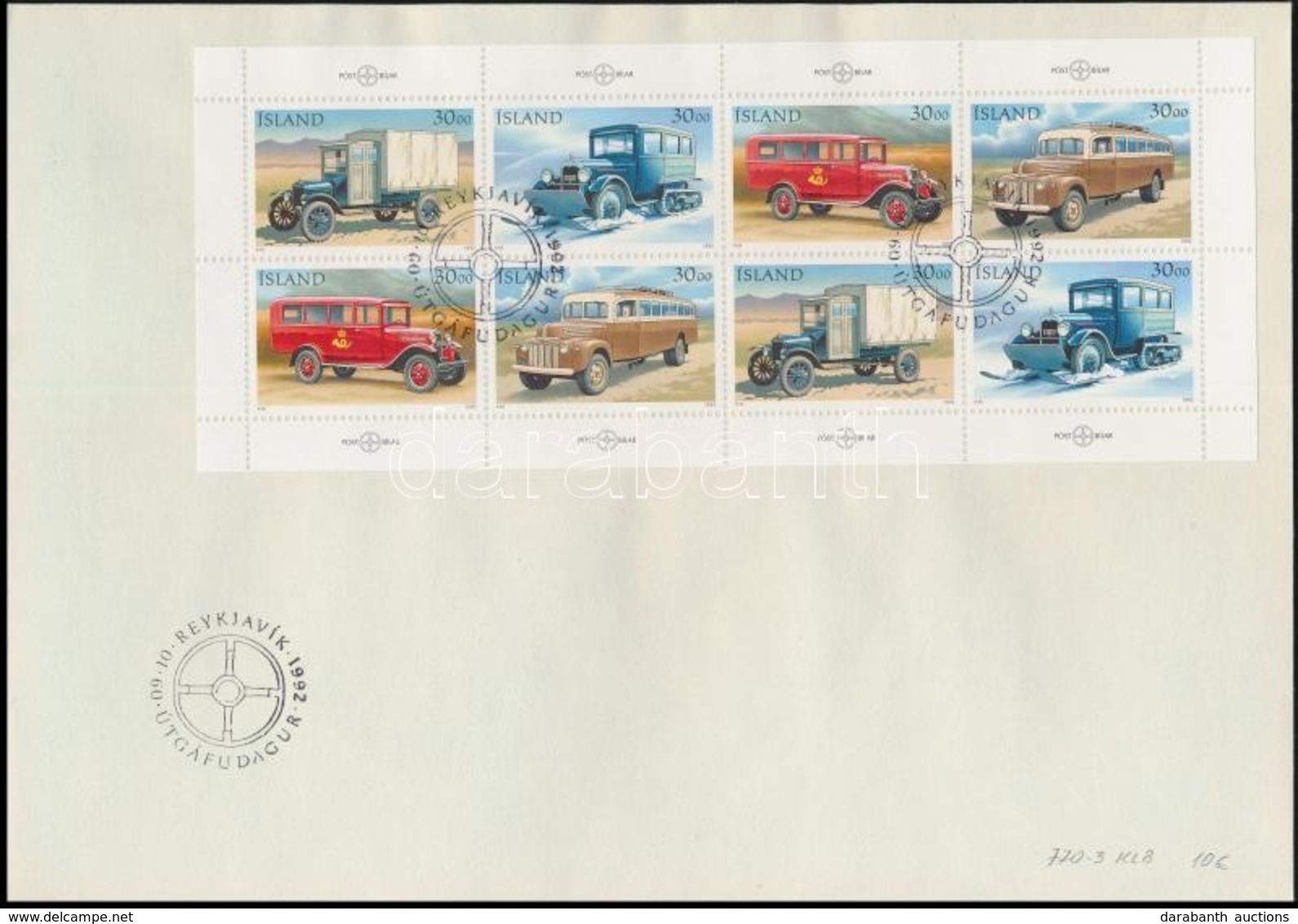 1992 Bélyegnap, Postaautók Kisív FDC-n Mi 770-773 - Sonstige & Ohne Zuordnung