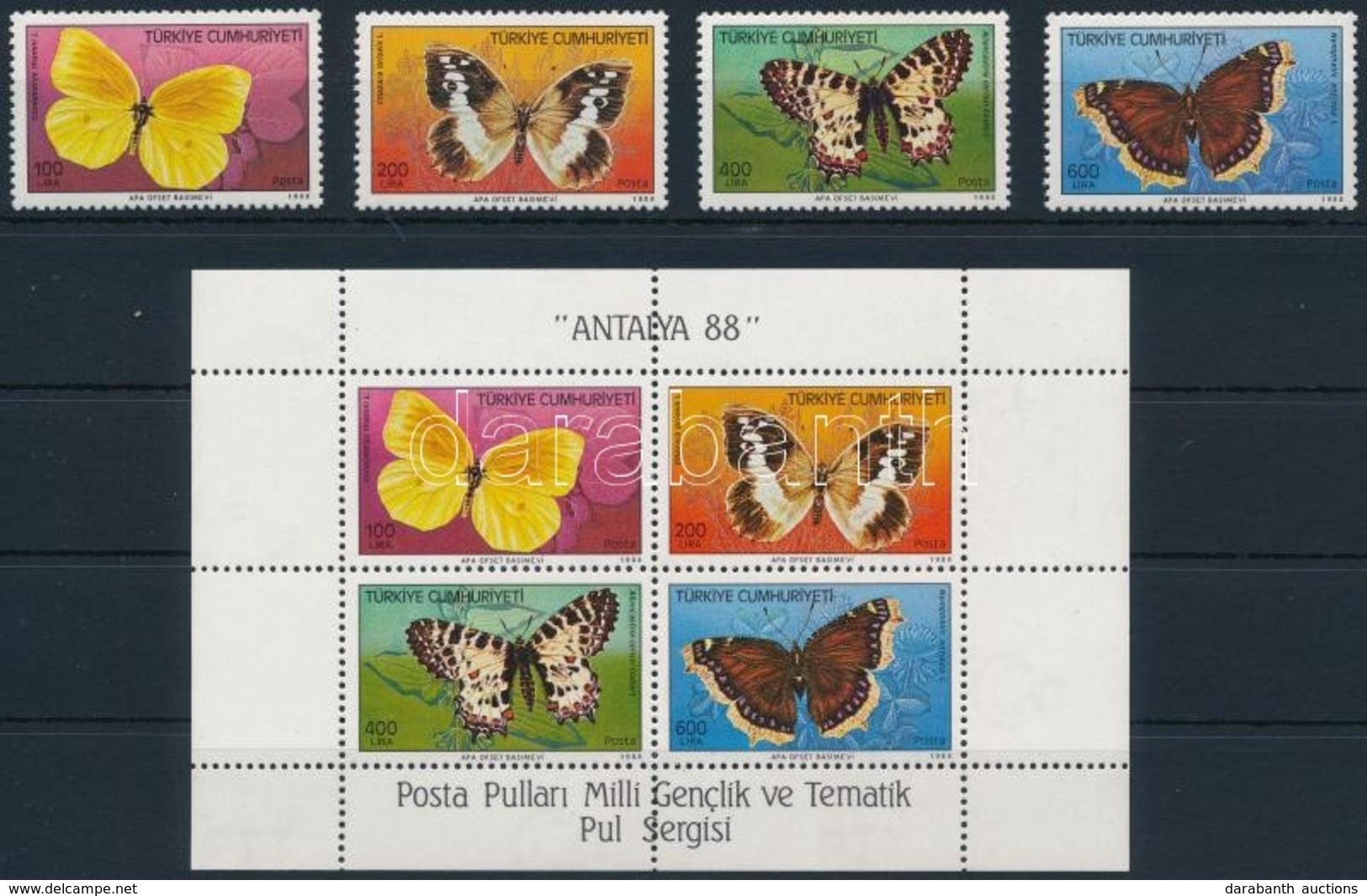 ** 1988 Lepkék Sor + Blokk,
Butterflies Set + Block
Mi 2833-2836 - Otros & Sin Clasificación