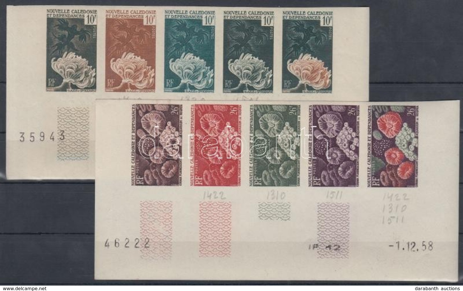 ** Új-Kaledónia 1959 Tengeri állatok Mi 364-367 20 Klf Fogazatlan Színpróba 4 Klf ötöscsíkban / 4 Stripes Of 5 Different - Autres & Non Classés