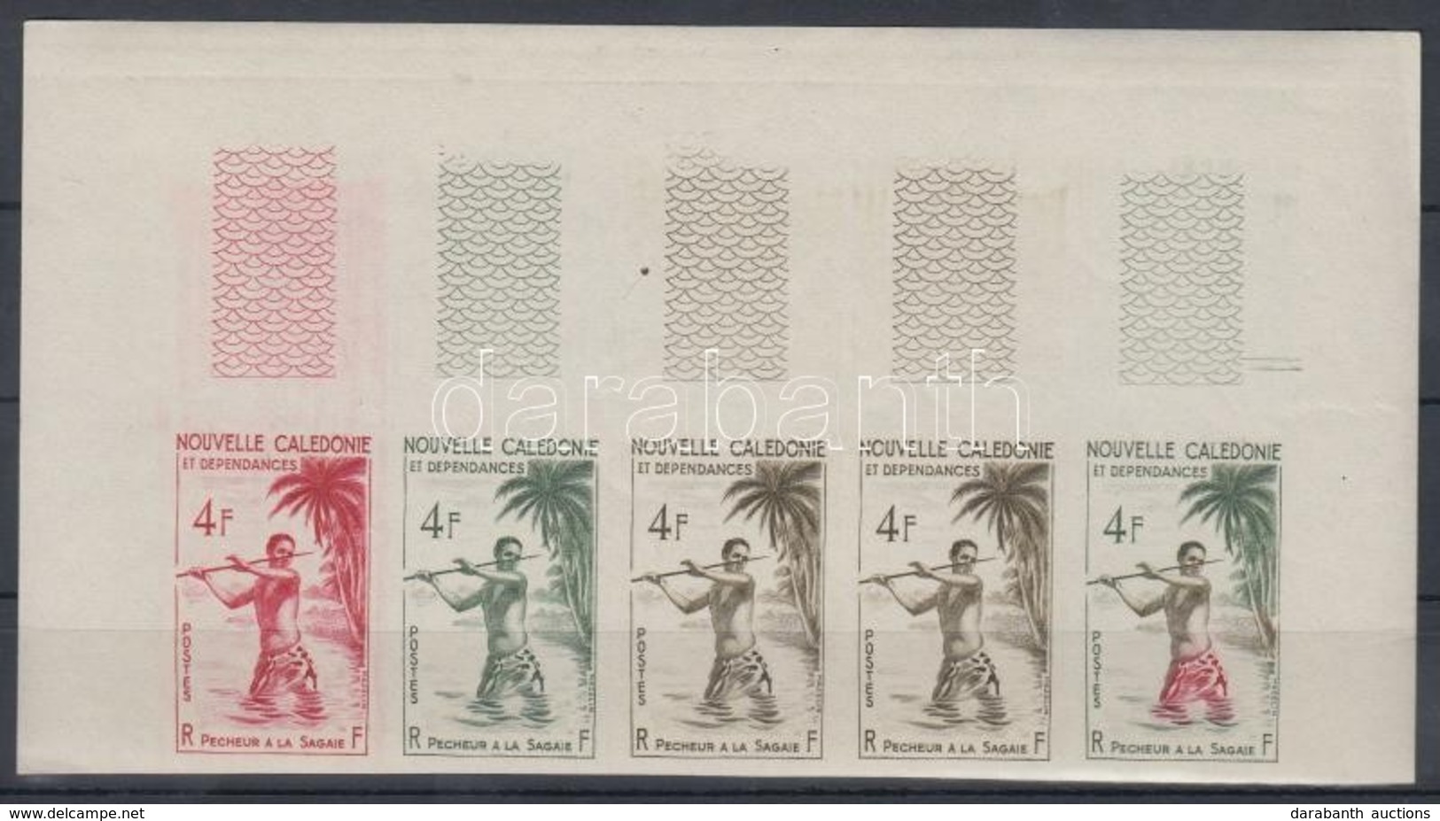 ** Új-Kaledónia 1962 Vízi Sport Mi 379 5 Klf Fogazatlan Színpróba ötöscsíkban / Stripe Of 5 Different Imperforate Coulor - Otros & Sin Clasificación