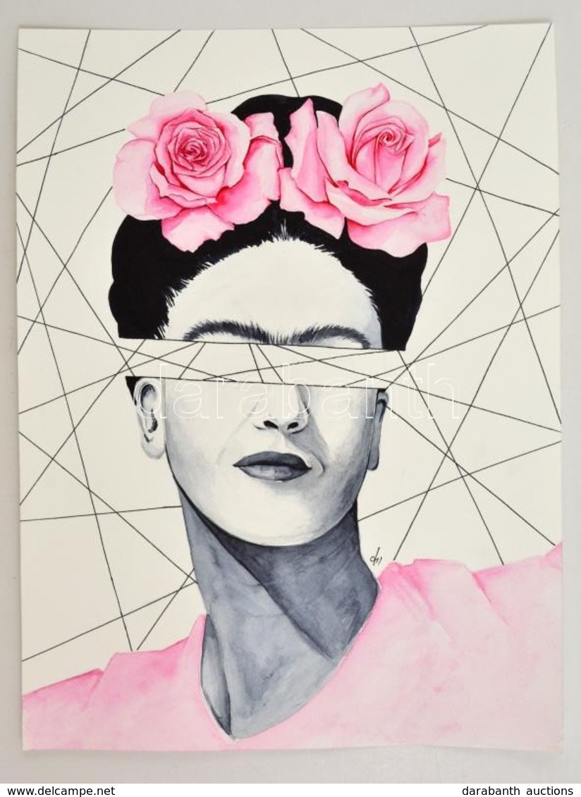 Kun Sarolta (1990- ): Frida. Akvarell-tus, Papír, Jelzett, üveg Keretben, 40×30 Cm - Altri & Non Classificati