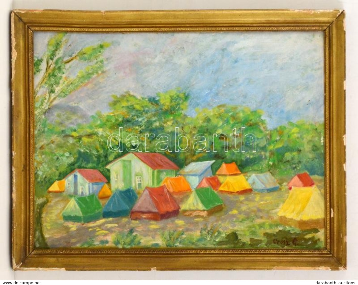 Orosz Jelzéssel: Sátrak A Ház Körül. Olaj, Farost, Keretben, 29×40 Cm - Other & Unclassified