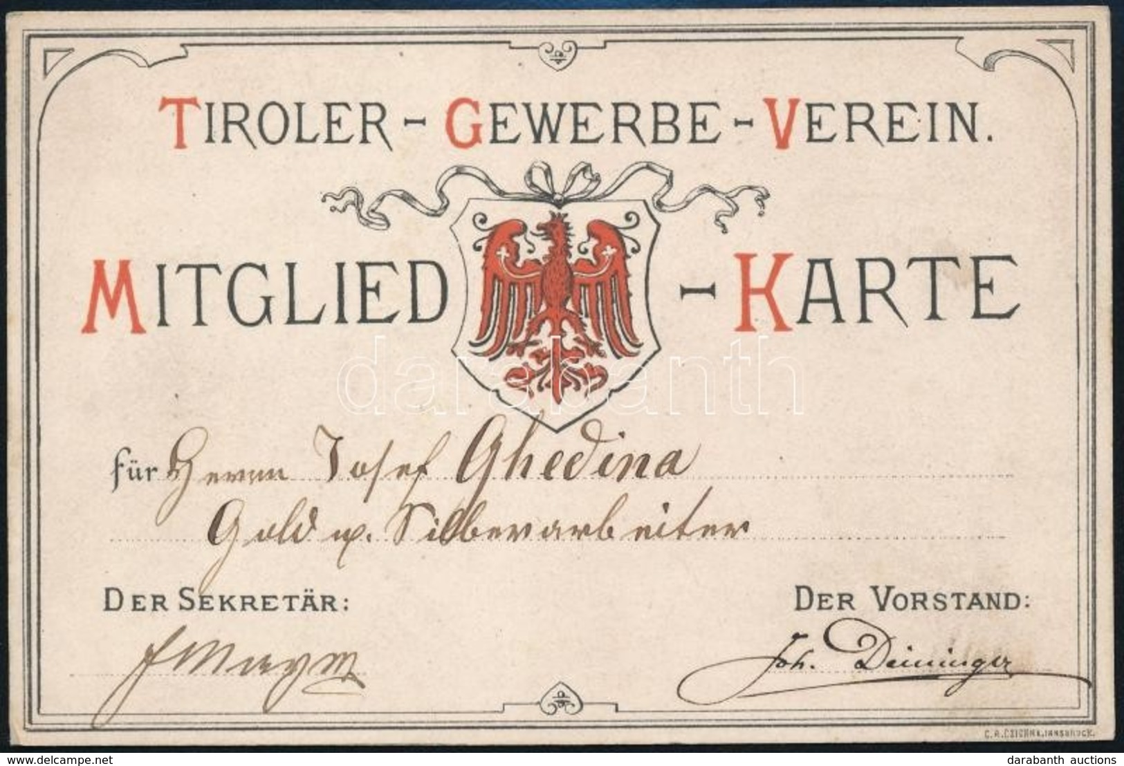 Cca 1900 Tiroler Gewerbe Verein Tagsági Jegy / Mitgiedskarte - Sin Clasificación
