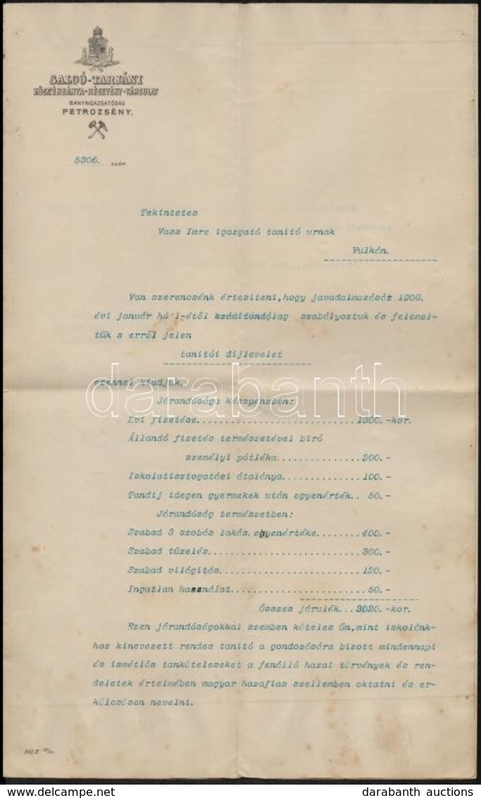 1908 Petrozsény, Salgó-Tarjáni Kőszénbánya-Részvény-Társulat Bányaigazgatósága által Iskolaigazgatónak Küldött Számadás - Non Classés