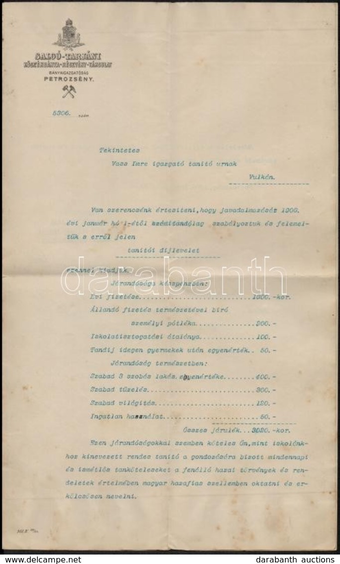 1908 Petrozsény, Salgó-Tarjáni Kőszénbánya-Részvény-Társulat Bányaigazgatósága által Iskolaigazgatónak Küldött Számadás - Unclassified