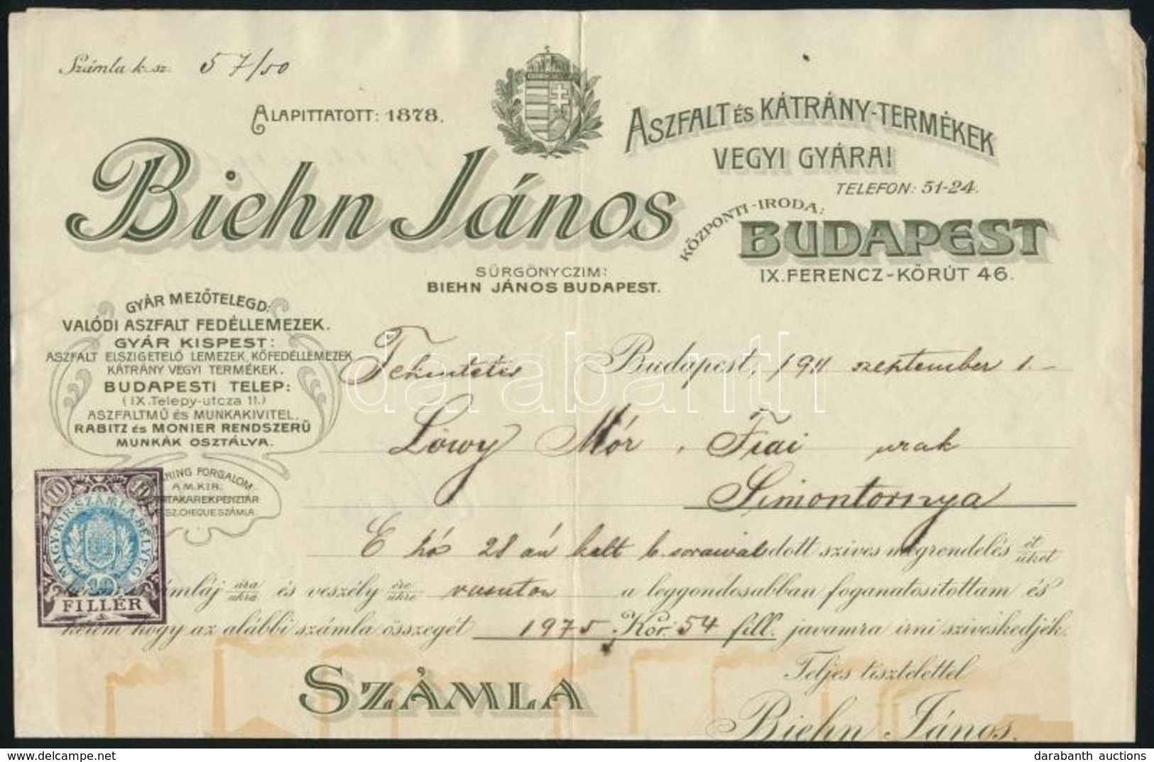 1911 Díszes Számla 10f Díjjegyes Okirati Bélyeggel, Biehn János - Zonder Classificatie