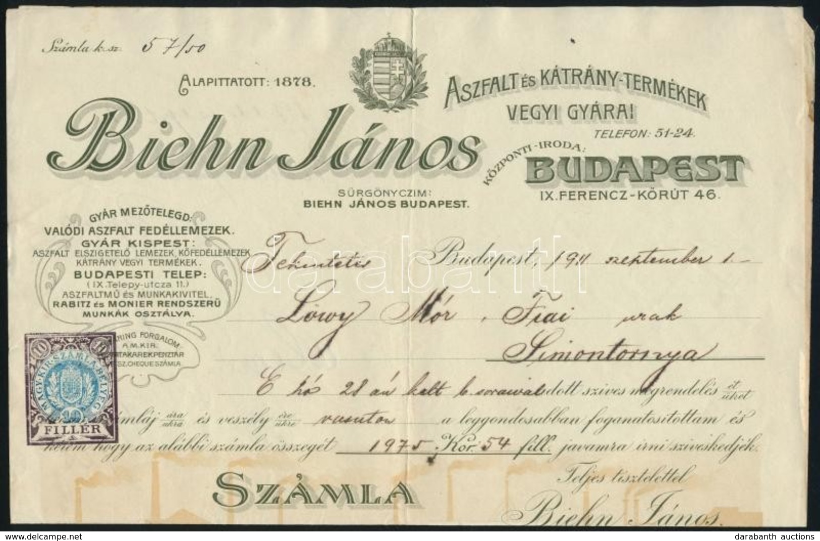 1911 Díszes Számla 10f Díjjegyes Okirati Bélyeggel, Biehn János - Non Classés