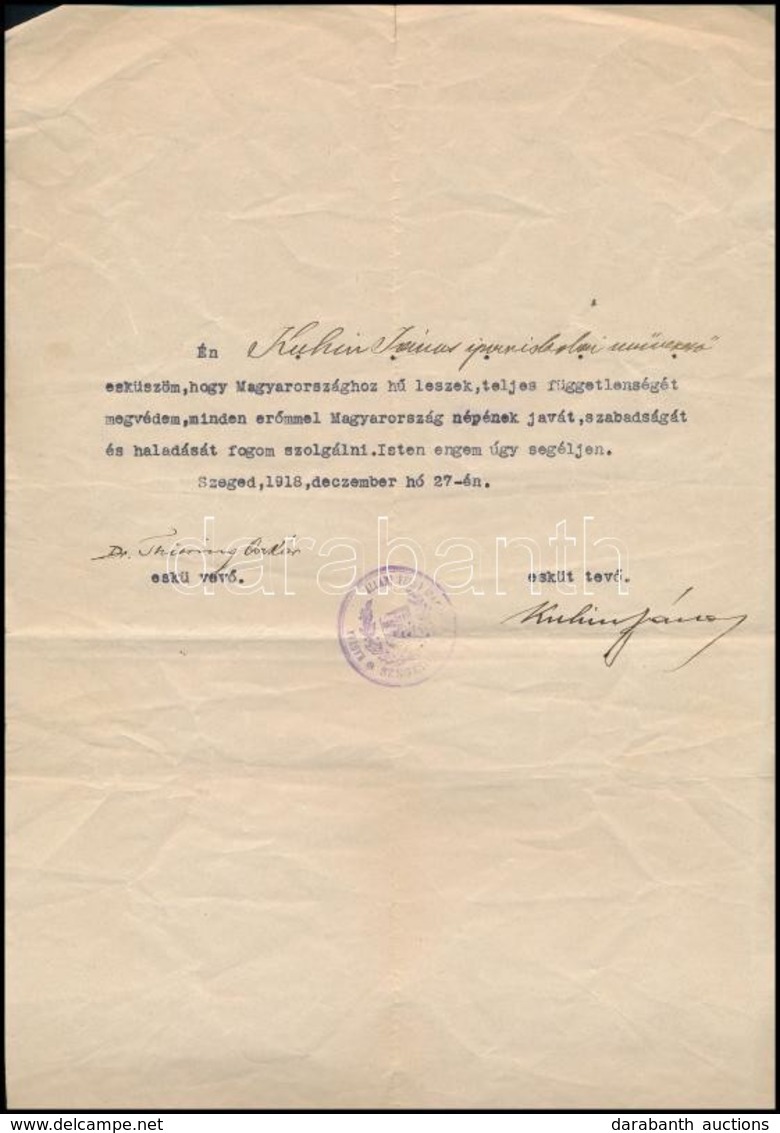1918 Ipariskolai Művezető Esküje, Szeged, Magyar Állami Felső Ipariskola, Aláírásokkal, Pecséttel. - Non Classificati