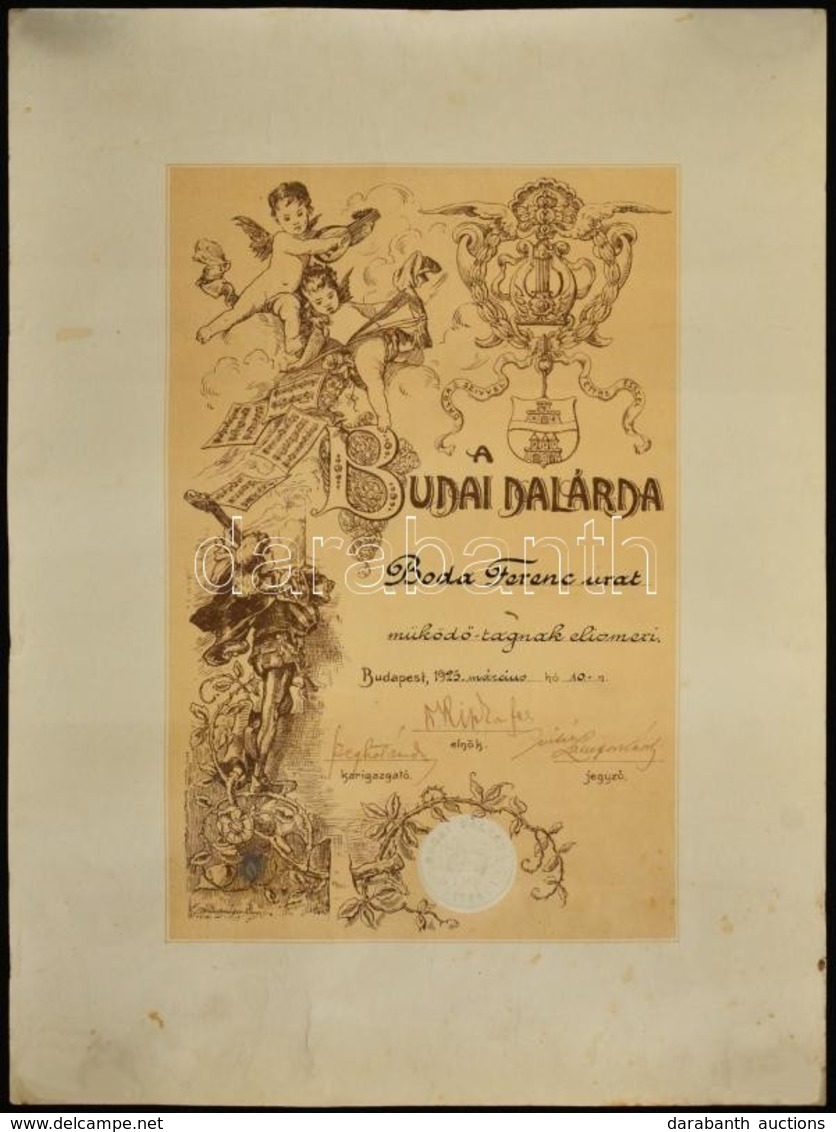 1925 A Budai Dalárda Tagsági Oklevele Boda Ferenc (1875-?) Színész Részére. 29x39 Cm - Unclassified