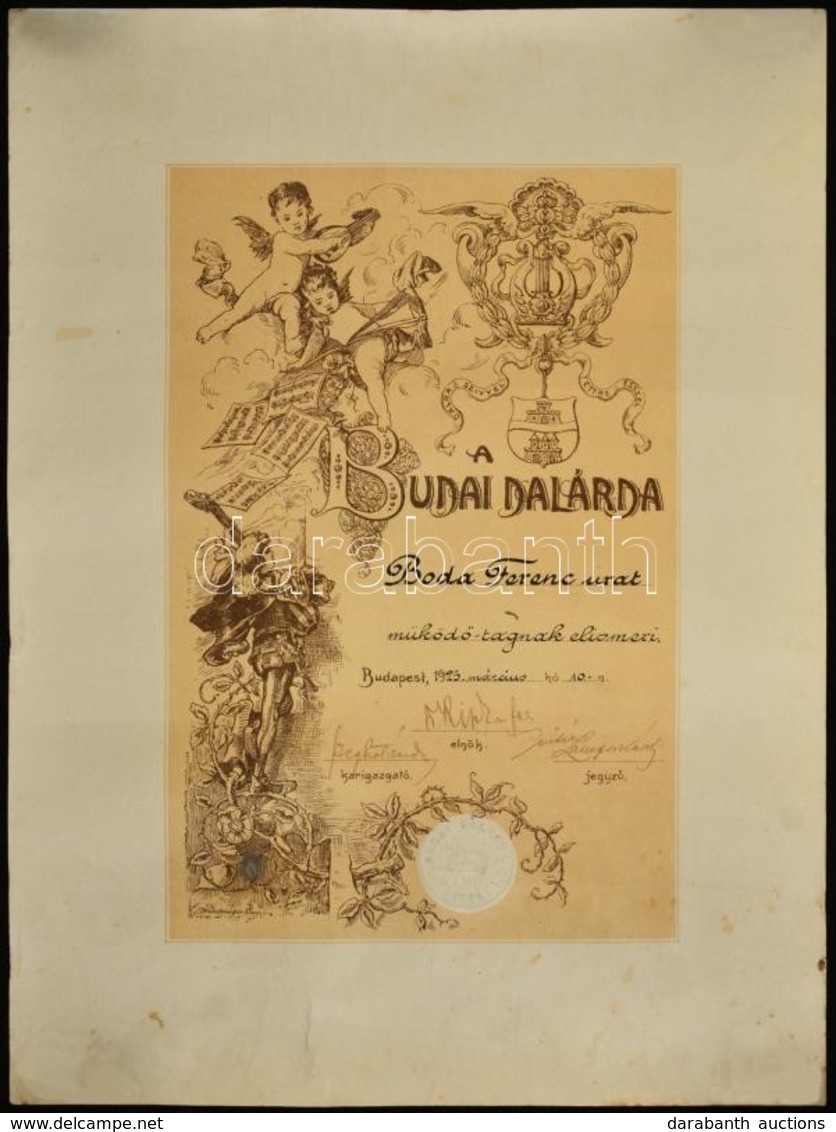 1925 A Budai Dalárda Tagsági Oklevele Boda Ferenc (1875-?) Színész Részére. 29x39 Cm - Sin Clasificación