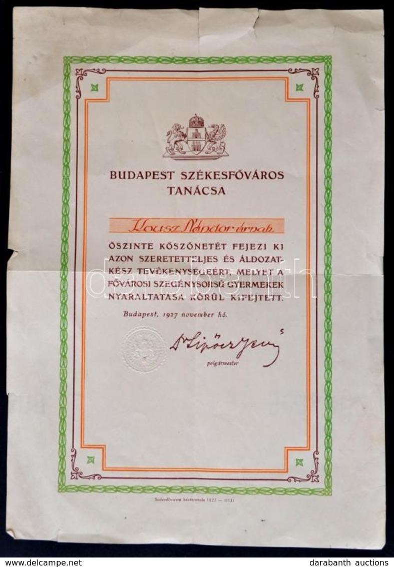 1927 Köszönetnyilvánító Oklevél Budapest Székesfőváros Tanácsa által, Kousz Nándor (Szávai Nándor (1906-1979) író, Műfor - Zonder Classificatie