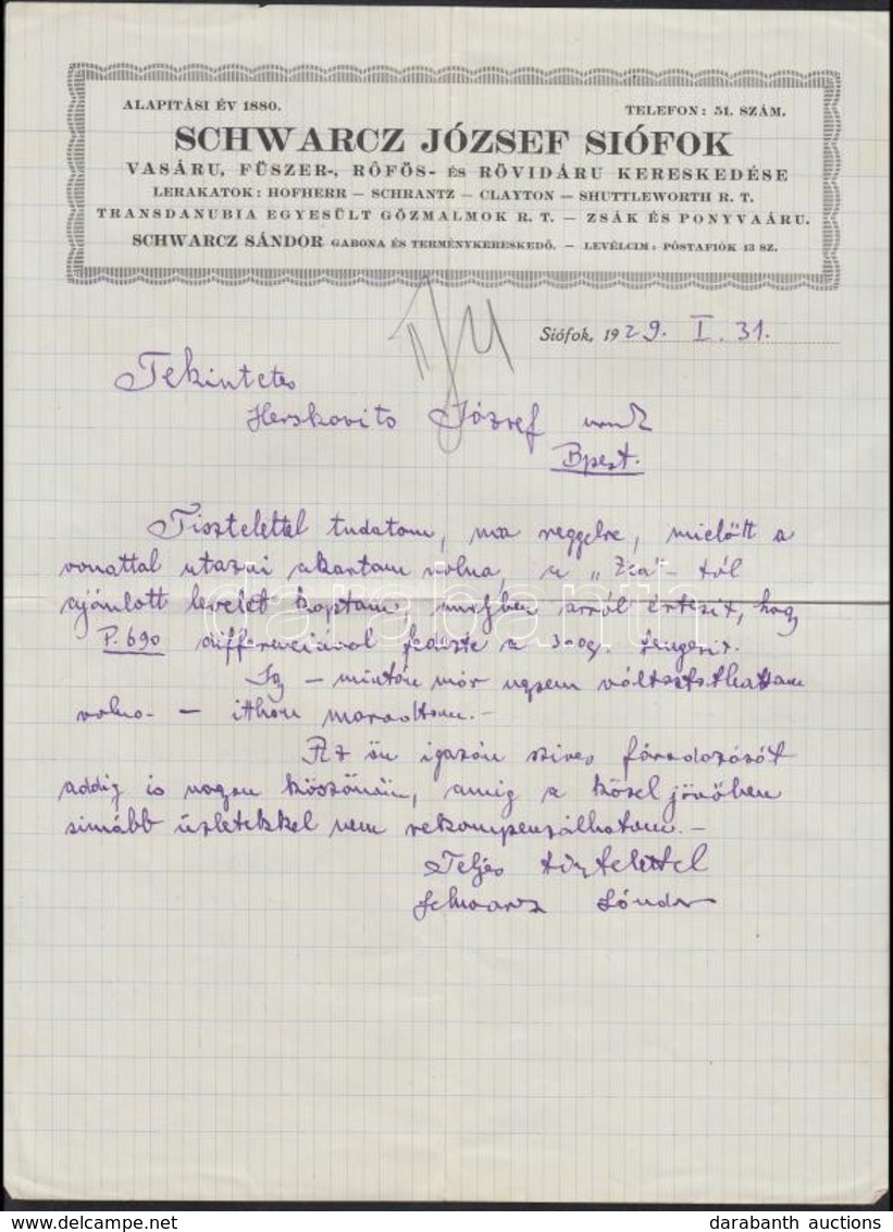 1929 Siófok, Schwarcz József Vasáru, Fűszer, Rőfös és Rövidáru Kereskedése Fejléces Számla, Kézzel írt Tartalommal, Schw - Unclassified