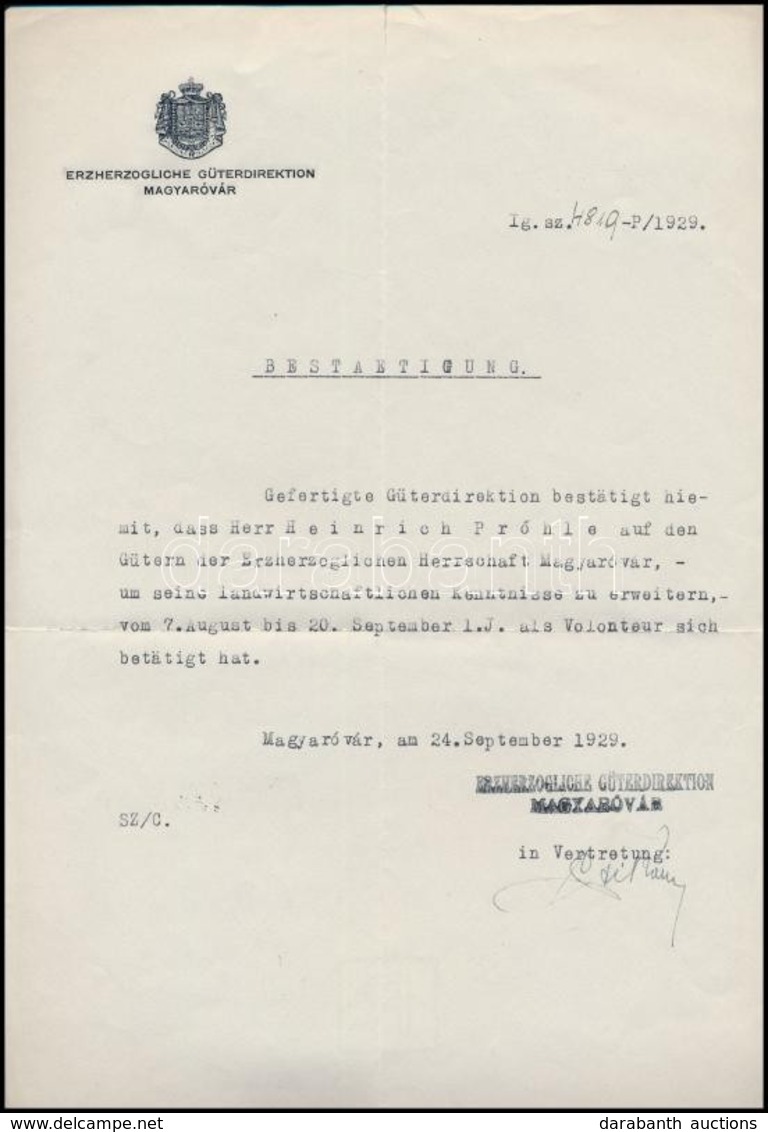 1929 Magyaróvár, Az Esterházy-uradalom Igazolása Az Uradalmon Végzett önkéntes Munkáról, Német Nyelven, Fejléces Papíron - Unclassified