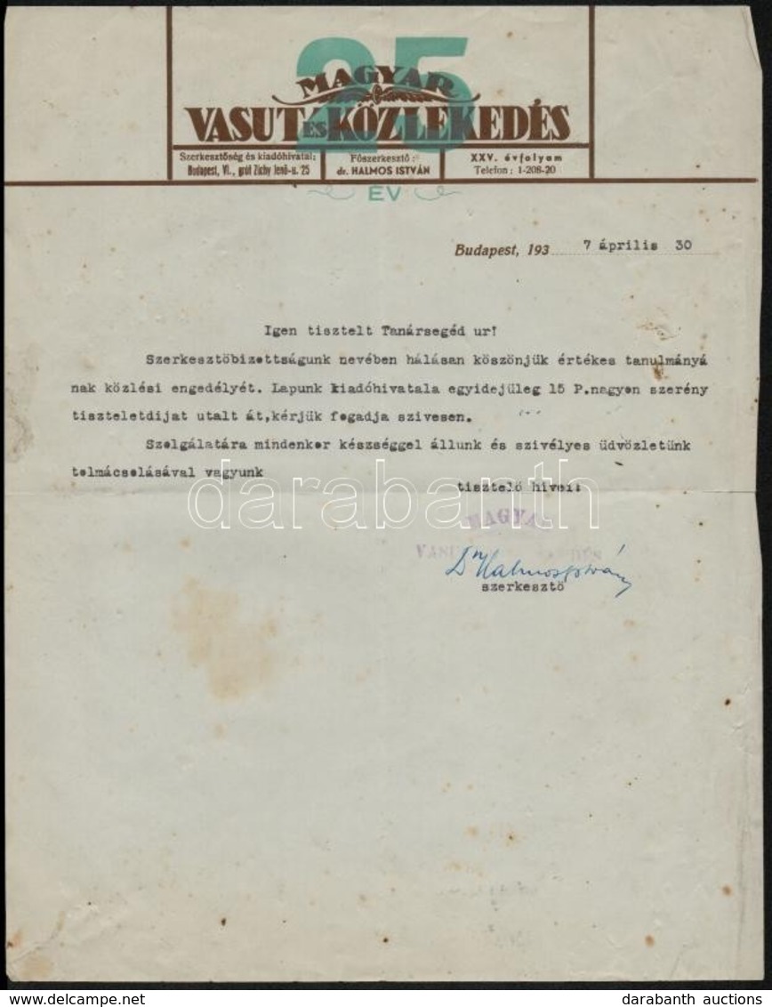 1937 A Magyar Vasút és Közlekedés által Tiszteletdíj ügyében írt Levél - Unclassified