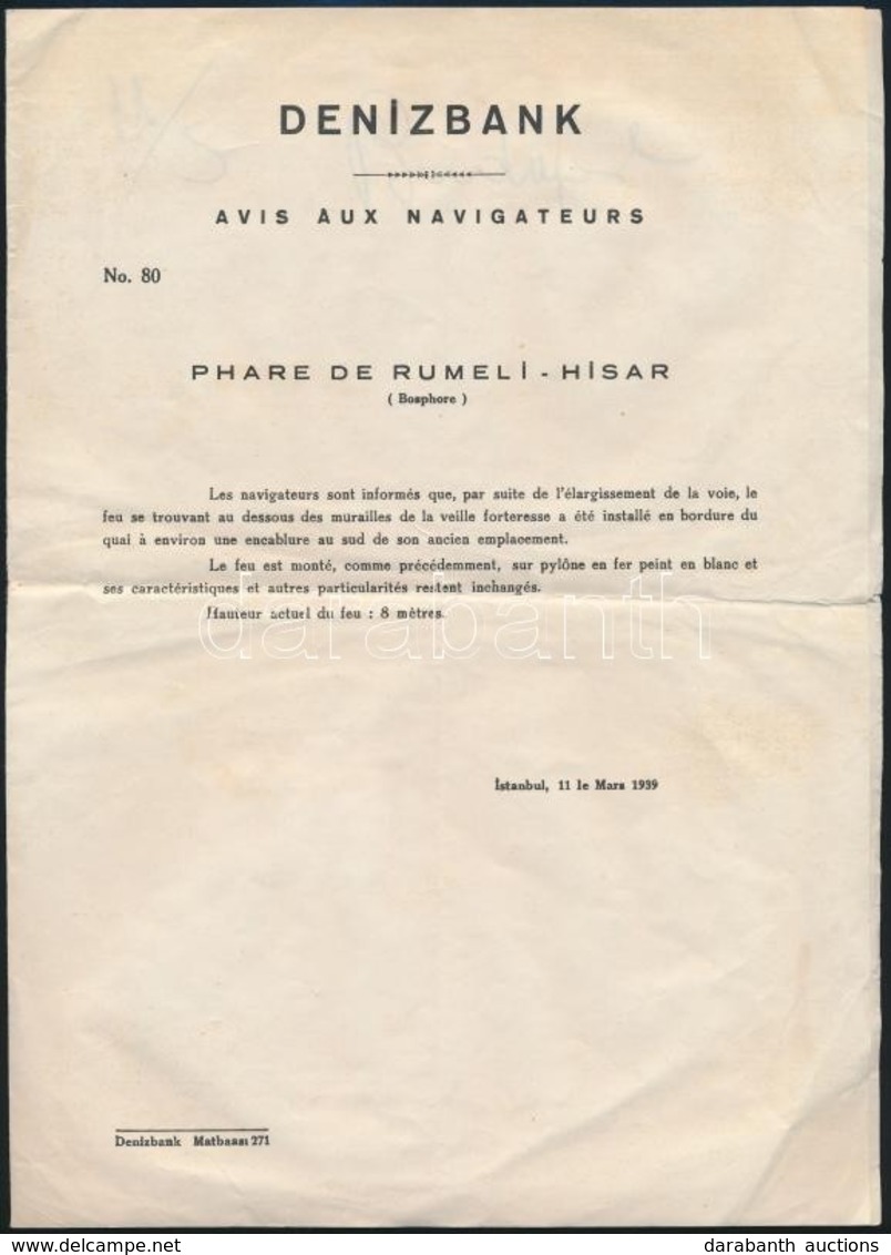 1939 Denizbank Török Nyelvű Okmány, Okmánybélyeggel - Unclassified